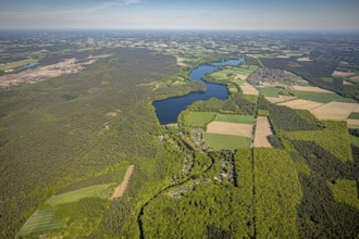 Aerial view, Hullern dam, Hullern reservoir, river Stever, view of Hullern, Haltern am See,