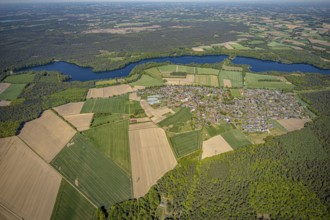 Aerial view, Hullern dam, Hullern reservoir, river Stever, view of Hullern, Haltern am See,