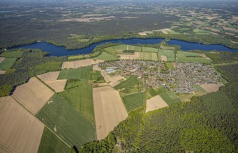 Aerial view, Hullern dam, Hullern reservoir, river Stever, view of Hullern, Haltern am See,