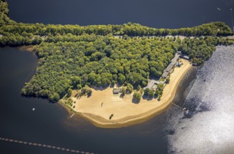 Aerial view, Haltern reservoir, Haltern lake terraces, southern beach, Haltern am See, Münsterland,