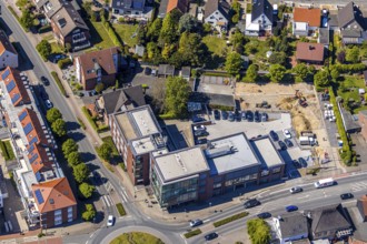 Aerial view, construction site at Volksbank building, Haltern am See, Münsterland, Ruhr area, North