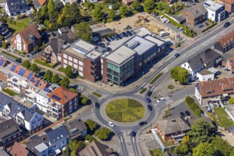 Aerial view, construction site at Volksbank building, Haltern am See, Münsterland, Ruhr area, North