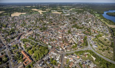 Aerial view, town view and old town, Haltern town hall, wind turbines, Haltern am See, Münsterland,