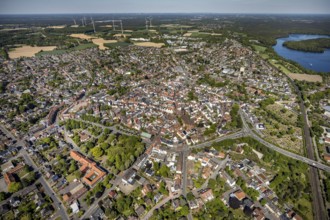 Aerial view, town view and old town, Haltern town hall, wind turbines, Haltern am See, Münsterland,