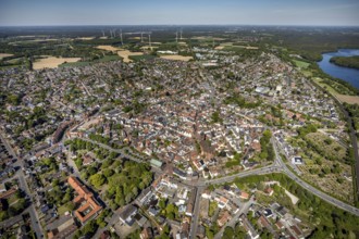 Aerial view, town view and old town, Haltern town hall, wind turbines, Haltern am See, Münsterland,