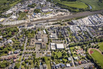 Aerial view, track reconstruction construction site Haltern station, Joseph-König-Gymnasium,