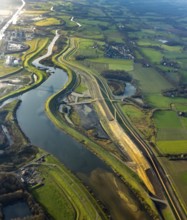 Aerial view of the Lippe floodplain and river Lippe with Lippe dike renewal and dike extension in