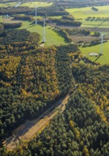 Aerial view, forest area, planned wind turbines, Bergbossendorf, Haltern am See, Ruhr area, North