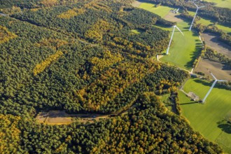 Aerial view, forest area, planned wind turbines, Bergbossendorf, Haltern am See, Ruhr area, North
