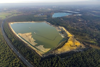 Aerial view of the Silbersee with quartz sand extraction in a forest area in the district