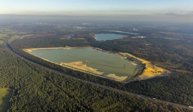Aerial view of the Silbersee with quartz sand extraction in a forest area in the district