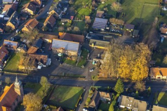 Aerial view of the catholic St.St. Anthony's Church and local view of Lavesum in Haltern am See in