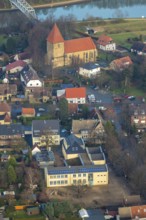 Aerial view of the church St. Maria Magdalena am Stiftsplatz in Flaesheim am Wesel-Datteln-Kanal in