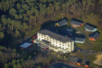 HALTERN AM SEE 16.12.2020 Aerial view of the DJH youth hostel Haltern am See in the wooded area at