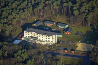 HALTERN AM SEE 16.12.2020 Aerial view of the DJH youth hostel Haltern am See in the wooded area at