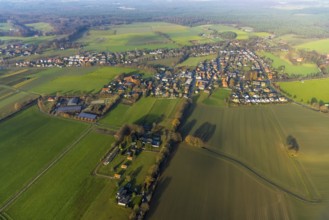 Aerial view of the catholic St.St. Anthony's Church and local view of Lavesum in Haltern am See in