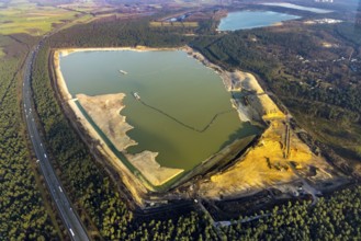 Aerial view of the Silbersee with quartz sand extraction in a forest area in the district