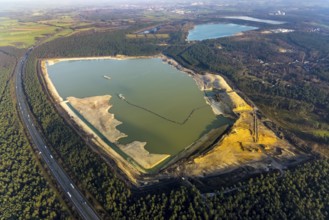Aerial view of the Silbersee with quartz sand extraction in a forest area in the district