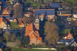 Aerial view of the catholic St.St. Anthony's Church and local view of Lavesum in Haltern am See in
