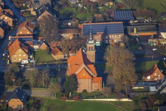 Aerial view of the catholic St.St. Anthony's Church and local view of Lavesum in Haltern am See in