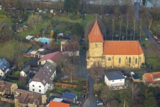 Aerial view of the church St. Maria Magdalena am Stiftsplatz in Flaesheim am Wesel-Datteln-Kanal in