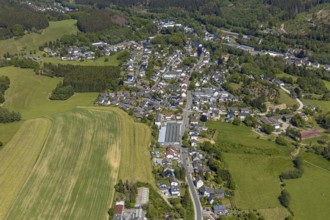 Aerial view, local view Oberbrügge, Natürlich Wohnen Massivholzmöbel GmbH, Evangelical Church