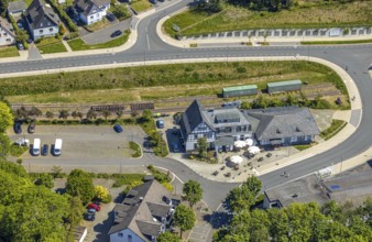 Aerial view, Brasserie Kulturbahnhof, Halver, Märkischer Kreis, Sauerland, North Rhine-Westphalia,