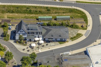 Aerial view, Brasserie Kulturbahnhof, Halver, Märkischer Kreis, Sauerland, North Rhine-Westphalia,