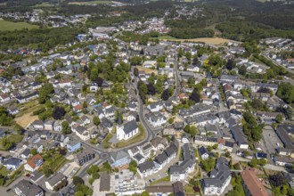Aerial view, evang. Nicolai church, town centre, Halver, Märkischer Kreis, Sauerland, North