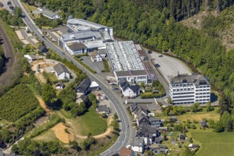Aerial view, factory premises Mennekes Elektronik, river Hundem, Kirchhundem, Sauerland, North