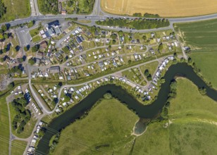 Aerial view, campsite on the Lippe, Lippborg, Lippetal, Ruhr area, North Rhine-Westphalia, Germany,