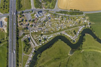 Aerial photo, A2 motorway, junction 19 Hamm-Uentrop, campsite on the Lippe, Hamm, Ruhr area, North