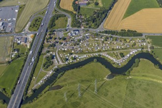 Aerial photo, A2 motorway, junction 19 Hamm-Uentrop, campsite on the Lippe, Hamm, Ruhr area, North