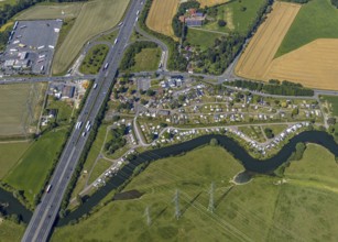 Aerial photo, A2 motorway, junction 19 Hamm-Uentrop, campsite on the Lippe, Hamm, Ruhr area, North