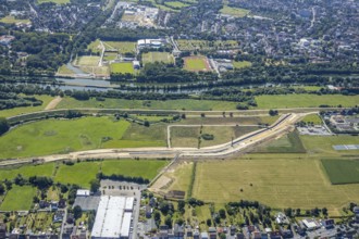Aerial view, Lippe meadows, construction site new sheet pile wall, flood protection, Datteln-Hamm