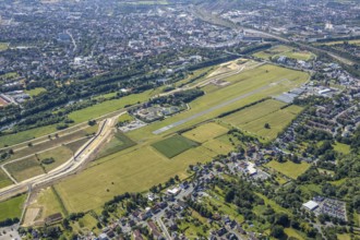 Aerial view, Lippe meadows, construction site new sheet pile wall, flood protection, Datteln-Hamm