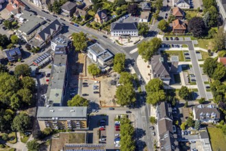 Aerial view, construction site remodelling - renewal market place, Heessen, Hamm, Ruhr area, North
