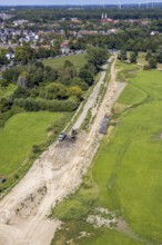 Aerial photo, construction site new sheet pile wall Lippewiesen, Hamm, Ruhr area, North