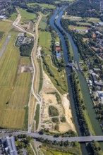 Aerial view, construction site Erlebensraum Lippeaue, Datteln-Hamm canal, sports fields of the HTC