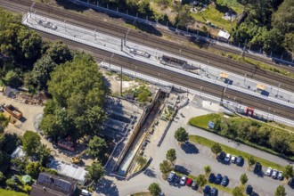 Aerial view, construction site reconstruction Hamm-Heessen station, Heessen, Hamm, Ruhr area, North