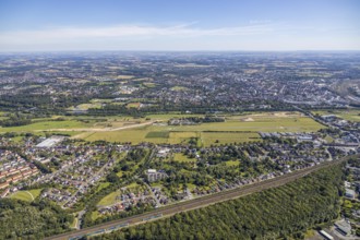 Aerial view, overview from Heessen over city centre, Lippe meadows, Lippe reconstruction, airfield