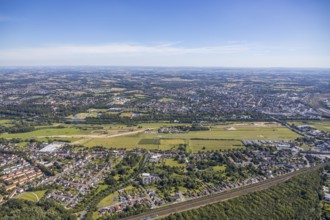 Aerial view, overview from Heessen over city centre, Lippe meadows, Lippe reconstruction, airfield