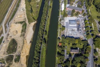 Aerial view, construction site Lippe floodplain, construction site water sports centre,