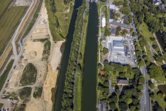 Aerial view, construction site Lippe floodplain, construction site water sports centre,