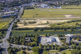 Aerial view, construction site Lippe floodplain, construction site water sports centre,