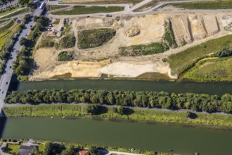 Aerial view, construction site Lippe floodplain, construction site water sports centre,