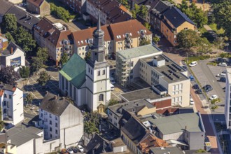 Aerial view, renovated protestant youth church Martin-Luther, new building flats Südenwall, Hamm,