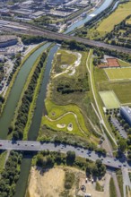 Aerial view, construction site Lippe floodplain, construction site water sports centre, sports
