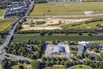 Aerial view, construction site Lippe floodplain, construction site water sports centre,