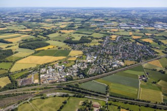 Aerial view, overview Hamm Weetfeld Selmiger Heide, railway line, Hamm, Ruhr area, North